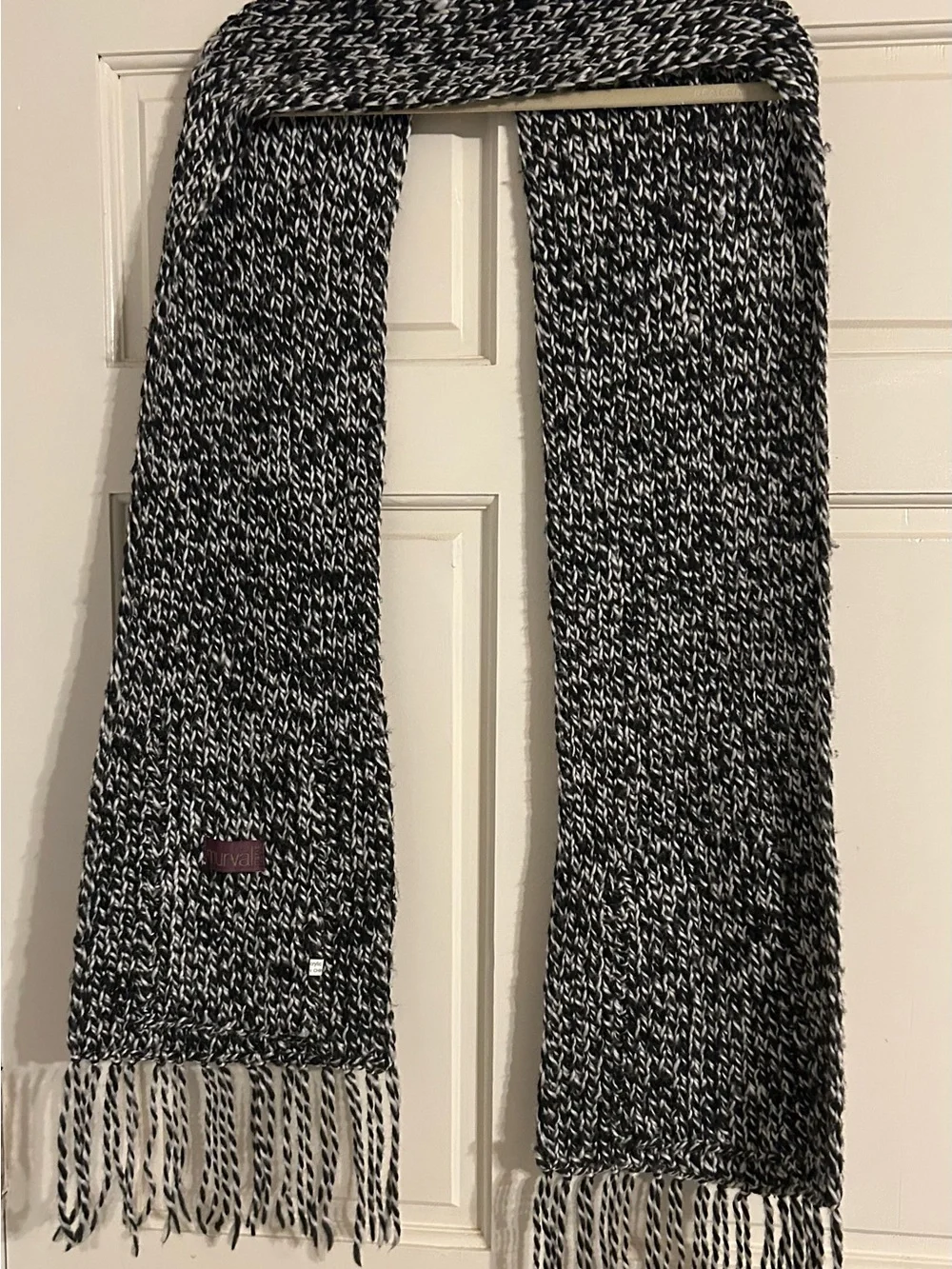 Murval Paris Black & White Marled Knit Scarf with Fringe Pockets Faux Fur